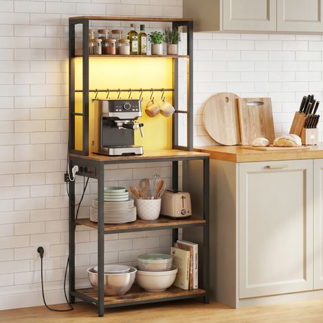 Buffet avec Prises, Étagère Micro-ondes, LED Intégrée, pour Cuisine, 8 Crochets, Étagères Réglables, Marron et Noir