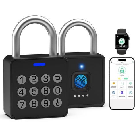 Verrou d'empreintes digitales avec clavier à code - Cadenas à combinaison d'empreintes digitales biométriques sans clé avec application Bluetooth, étanche pour unité de rangement, clôture (1/5)