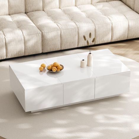 Tavolino da salotto rettangolare 100 cm, con 2 cassetti, piano allungabile, spazio di archiviazione, laccato ad alta brillantezza, stile moderno - Bianco