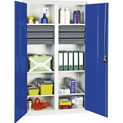 Stumpf Armoire à outils et matériaux Série 3000 gris clair / bleu gentiane + 6 tiroirs 100 mm + cloison centrale + 6 étagères coulissantes - 3004274