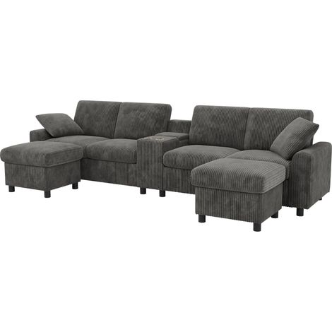 Canapé en U en velours côtelé gris avec 2 poufs à rangement et table basse (1/5)