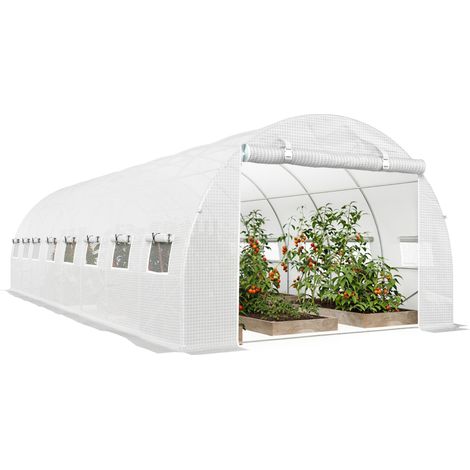 Serre jardin tunnel 24 m² 8x3x2 m 16 fenêtres porte zippée enroulable acier galvanisé bâche PE blanc (1/5)