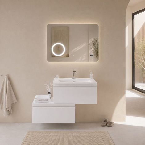 Mobile Bagno Sospeso 2 Cassetti 90Cm Bianco Lucido Con Lavabo Ceramica  Seattle (1/5)