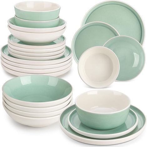 Assiettes Service Table 6 Personnes 24 Pièce Service Vaisselle Complet Grès Assiettes Plates Dessert Creuses Bols Compatible Micro-Ondes Vert (1/5)