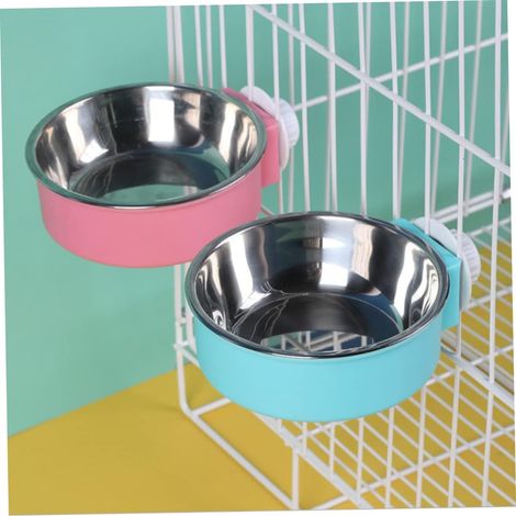 Set mit 2 abnehmbaren Edelstahl-Hänge-Futternäpfen, Futter- und Wassernäpfen, perfekt für Katzen, Welpen, Vögel, Ratten, Frettchen (Rosa + Blau)