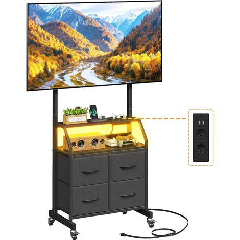 Support TV sur roulettes avec LED et Prises Intégrées, Support TV Réglable en Hauteur avec 4 Tiroirs, Noir (1/5)