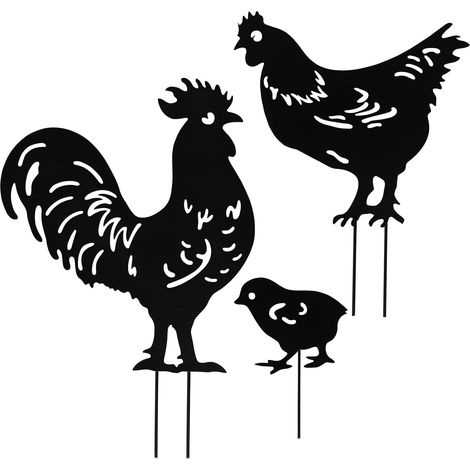 Set mit 3 dekorativen Hühnerfiguren aus schwarzem Metall – Hühnersilhouette – Henne – Küken – Künstlerische Gartenfiguren – Rasendekoration für Garten, Terrasse und Balkon (1/5)