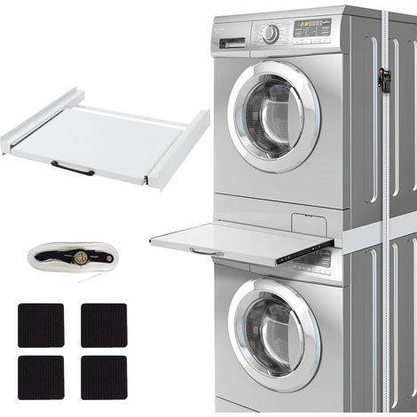 Metall Verbindungsrahmen mit Ausziehplatte, Verdickte Zwischenbaurahmen, Universal Zubehör für Waschmaschine Trockner Wäschekorb, Ausziehbarer Ablage Max.150kg, inkl. Zurrgurt, Weiß