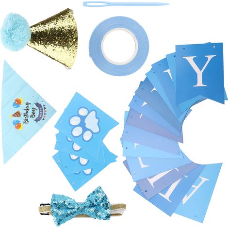 Fournitures pour fête d'anniversaire de chien : écharpe, chapeau, nœud papillon et ruban. Décorations pour fête d'anniversaire de chien. (1/5)