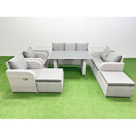 Fimous 9 Seater Garden Furniture Set PE Ratten Garden Sofa Set with Rectangular Dining Table 2 Big Stool 2 Side Tables Light Grey (1/4)