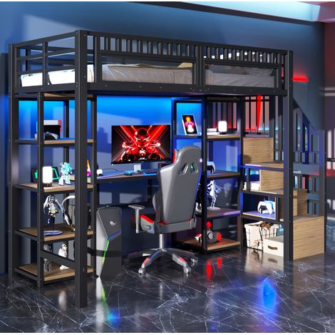 DESVIAE Lit mezzanine 90 x 200 cm en métal avec bureau étagères escalier de rangement bande LED ports USB noir (1/5)