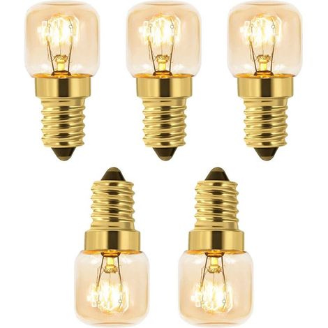 Paquete de 5 bombillas de sal de 15 W, casquillo E14 T22, luz blanca cálida incandescente de 2700 K, 80 lúmenes, 230 V CA, bombilla para horno de 15 W y 300 °C, apta para hornos, frigoríficos, lámpara (1/5)