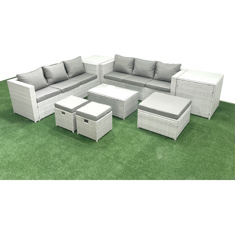 Fimous Garten Polyrattanmöbel Set 9-Sitzer Rattan Garten Sofa Set mit 3 Hockern 2 Beistelltischen Hellgrau gemischt (1/5)