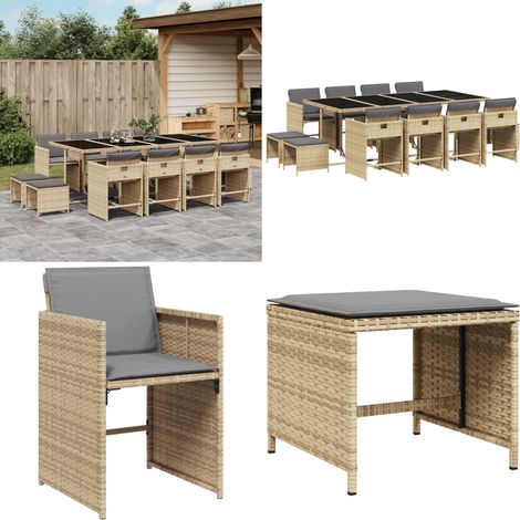 Set comedor de jardín con cojines 13 pzas ratán sintético beige - Sillas de jardín - Cojines para sillas