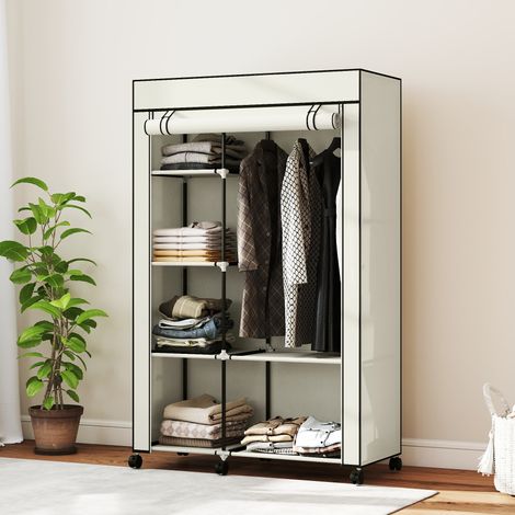 Armadio in tessuto con ruote, armadio portatile con 6 ripiani e 1 asta appendiabiti per camera da letto, 103x43x162,5 cm, crema.