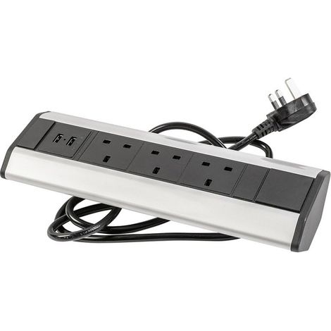 Multiprise d'angle - 3 Prises UK + 2 Ports USB (5 V/2,1 A) - Encastrement de Meubles - 3600 W - Câble de 1,5 m - Argent - sans Logo - pour Bureau, Cuisine, Atelier