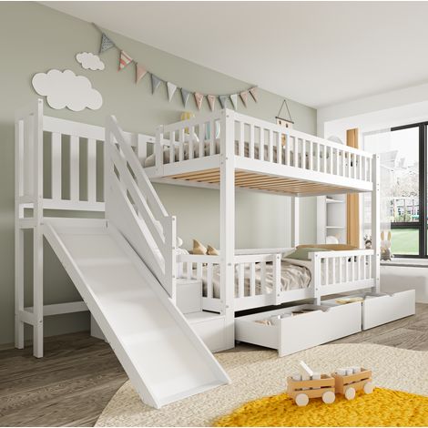 lit superposé rangement toboggan 90x200 bois blanc OKMYHOME (1/5)