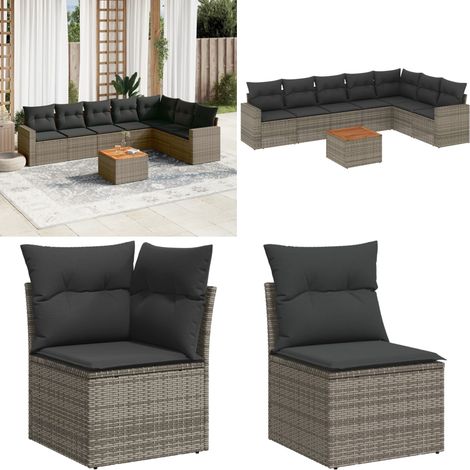 8-tlg. Garten-Sofagarnitur mit Kissen Grau Poly Rattan - Gartenmöbel Set - Outdoor Möbel - Lounge Set - Rattan Gartenmöbel - Esstisch Set - Home & Living (1/5)
