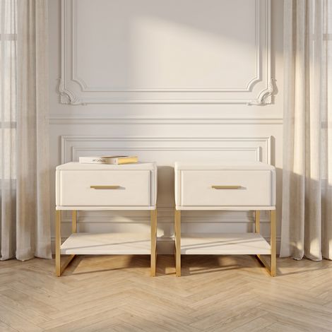 Lot de 2 tables de chevet en velours, Tiroir de rangement et étagère ouverte, Éclairage LED intégré, Dimensions 40x31x50 cm (1/5)