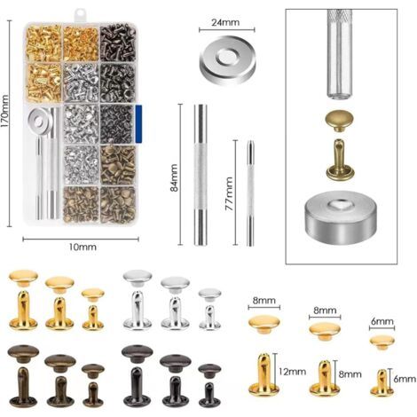 Kit de rivets pour cuir 360°, 3 tailles, rivets doubles pour cuir, rivets tubulaires en métal (3 pièces), outil de fixation pour le travail du cuir, rivets de rechange, 4 couleurs (1/4)
