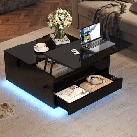 Mesa de centro 70x70x38 cm negra con tablero elevable, LED y almacenaje MEUBLIV (1/5)