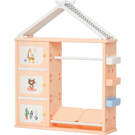 Armadio Cameretta, Mobile Portagiochi con Contenitori e Appendiabiti in PE Arancione, 128x34x155cm