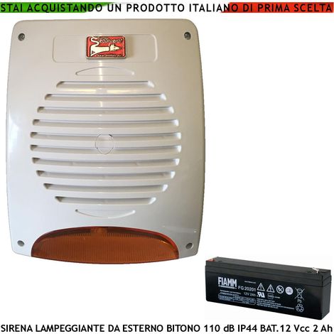 Sirena Lampeggiante a Led da Esterno Tromba Magnetodinamica Melodia Bitono 110 dB Batteria 12 V 2 Ah Assorbimento 1,9 Ah Frequenza A/B 1724/2475 Hz Comando Di Allarme Caduta Polarità IP44 Led di Stato (1/2)