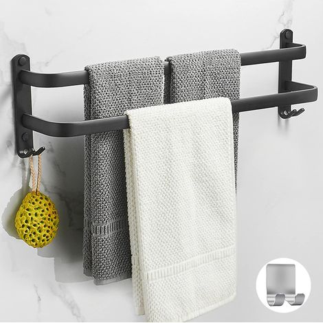 Porte-Serviettes Mural pour Salle de Bain,Porte-Serviettes Adhésif Noir Mat,Non Oxydation,Porte-Serviettes en Alliage d'Aluminium Non Perforé (Double Bars) GROOFOO
