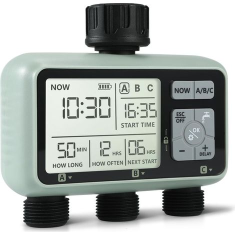 Programmateur Arrosage 3 Voies,Programmateur d'Arrosage Extérieur avec Affichage LCD, Water Timer Mode Automatique et Manuel, retardateur de Pluie,Temps d'arrosage (1/5)
