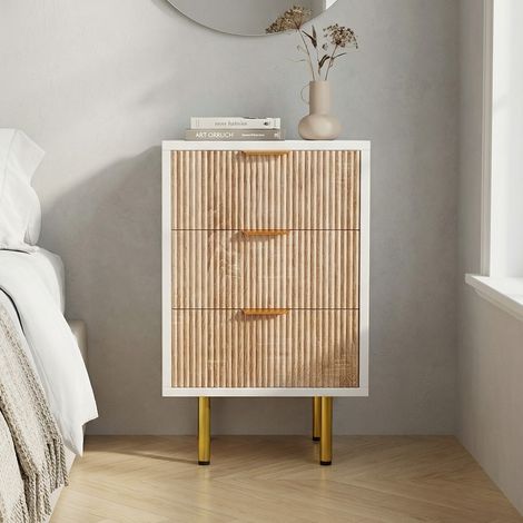 Lot de 2 Table de chevet 3 tiroirs, panneau bois rainuré, pieds métal doré, commode chambre bicolore, 40 x 40 x 65 cm - Blanc
