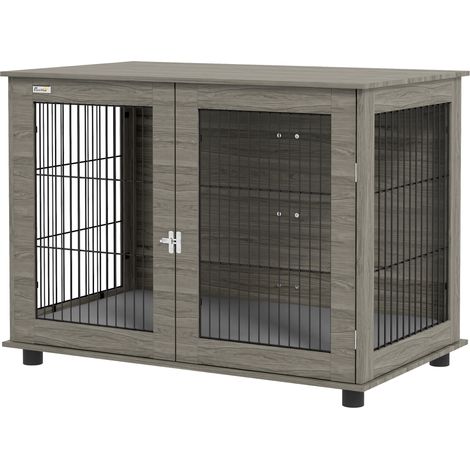 Cage pour chien table d'appoint 2 en 1 avec coussin et peluche déhoussable porte verrouillable 100x60x73,5 cm gris