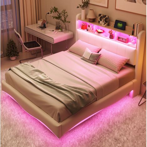 MEUBLIV Bettgestell 140x200 cm Beige – LED, USB-C, Stauraum, ohne Matratze (1/5)
