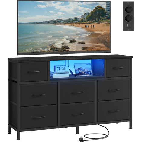 Commode, Meuble de Rangement avec LED et Prises, 8 Tiroirs en Tissu, Étagère Ouverte, 113,8 x 30 x 68,1 cm, pour Chambre, Salon, Noir d'encre (1/5)
