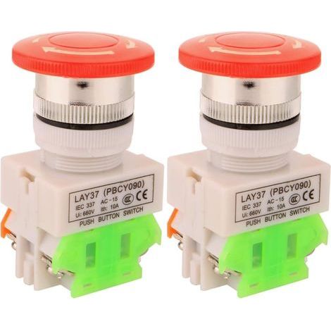 2pcs AC 660V 10A 22mm L'arret D'urgence Bouton Poussoir NO/NC Rouge Capuchon Champignon (1/5)