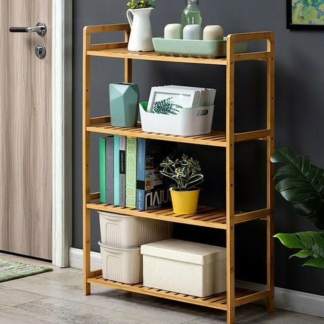 4 Tier Ladder Bookshelf Shelf Unit Bamboo Bookcase/Bathroom Storage Display Rack (1/5)