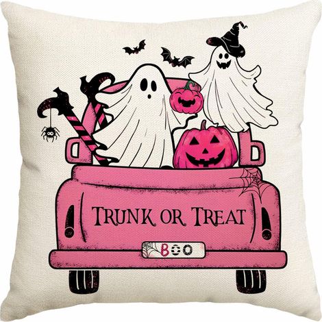 Lot de 2 housses de coussin fantômes d'Halloween en lin rose, décorations mignonnes et effrayantes avec fantôme, citrouille, chauve-souris, clown et araignée pour canapé et maison (1/5)