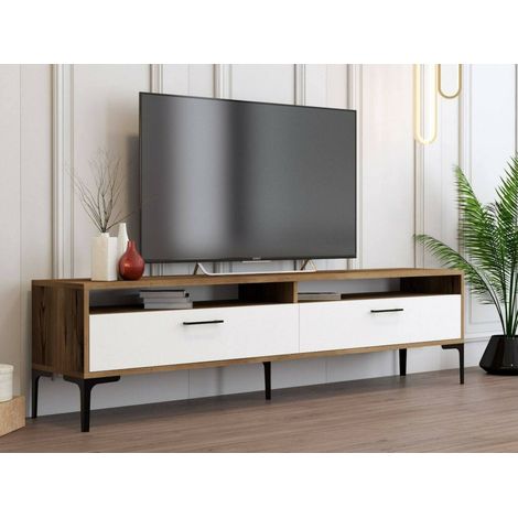 Dmora - Mobile porta TV Angiari, Credenza da soggiorno, Armadio basso per TV, Base parete attrezzata, 47x35h180 cm, Noce e Bianco (1/5)