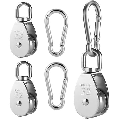 2 poleas de acero inoxidable de 32 mm + 2 mosquetones – capacidad de carga de 250 kg – para gimnasio/tendedero