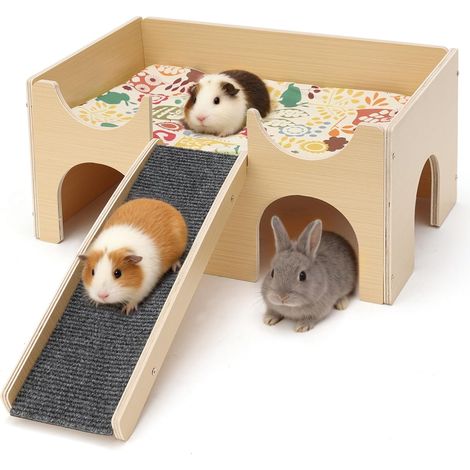 Wooden Guinea Pig House with Ramp and Hammock, Hideout for Dwarf Hamsters, Gerbils, Degus, Spiny Mice, Rabbits, Toy Accessories for Small Animals, 18x38x (1/5)