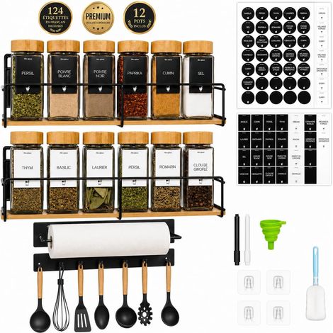 Étagère à Épices Magnétique Frigo et Murale Sans Perçage – Kit 4 en 1 : 2 Étagères + Porte Essuie-Tout + Barre 6 Crochets – 12 Pots Verre 120 ml et 124 Étiquettes Françaises Incluses – Bambou (1/5)