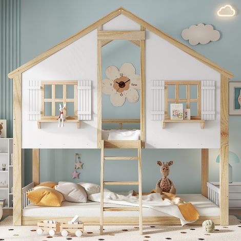 Etagenbett Kinderbett Hausbett mit Dach und Fenster 90x200 cm, Stockbett mit Rausfallschutz und Schrägleiter, Kiefer Holz, Weiß Natur (1/5)