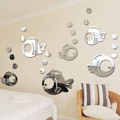 Miroir Mural 3D Stickers Muraux Decoration Maison Autocollant Stickers Muraux Poissons et Bulles Chambres à Coucher,pour la Maison Salon Chambre (1/5)