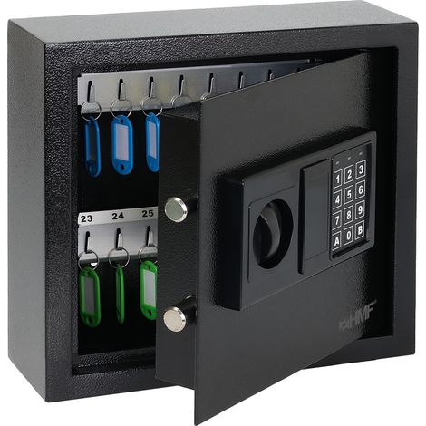 HMF Schlüsseltresor mit Zahlencode, Schlüsselsafe mit Elektronikschloss, 30 Haken, 30 x 28 x 10 cm, Schwarz