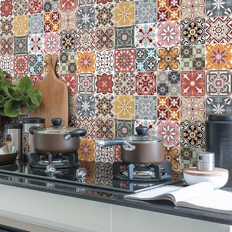 Sticker Mural Carrelage adhésif Cuisine Salle de Bain - 24 STICKERS CARREAUX DE CIMENT AZULEJOS SEVRINIA - 24stickers15x15cm (1/5)