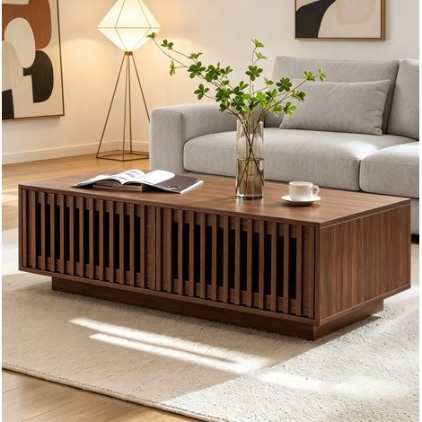 Table basse rectangulaire 100x50x35 cm avec 2 portes ajourées et rangement, MDF et panneaux de particules noyer (1/5)