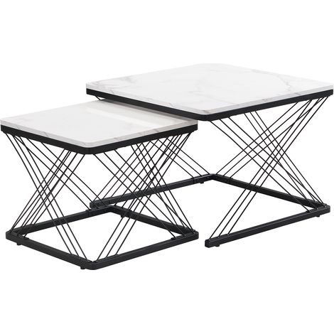 Lot de 2 tables basses carrées, table basse effet marbre brillant en MDF blanc, pieds réglables, 60x60cm et 45x45cm (1/5)