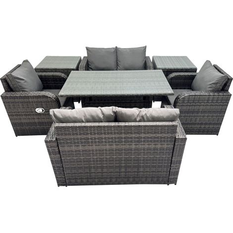 Fimous 6 Seat Outdoor Wicker PE Rattan Garden Furniture Set Dining Table Sofa Sets with 2 Side Tables Dark Grey Mixed (1/5)