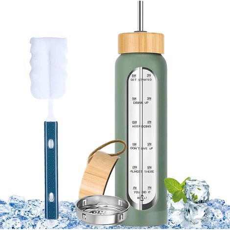 Bouteille d'eau de 1000 ml : Bouteille en verre incassable, double couvercle, couvercle en bambou et marqueurs de temps, pour le sport, l'extérieur et le camping (1/5)
