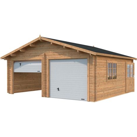 Garage en bois 28,4 m² – 2 portes sectionnelles – Épaisseur des murs 44 mm – Traitement autoclave marron – Palmako
