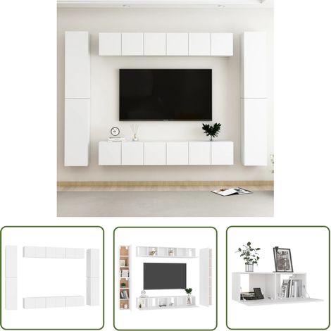 The Living Store 10-tlg. TV-Schrank-Set Weiß Holzwerkstoff - TV Schrank - Wandmontage - Regal - Wohnraum Dekoration - Weißes Möbelstück (1/5)